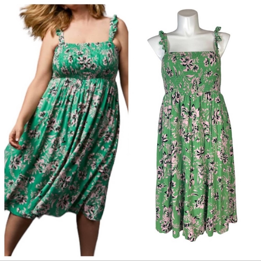 Torrid Grenn Floral Challis Smocked Midi Dress Size 1 XL 14-16 Green Pink